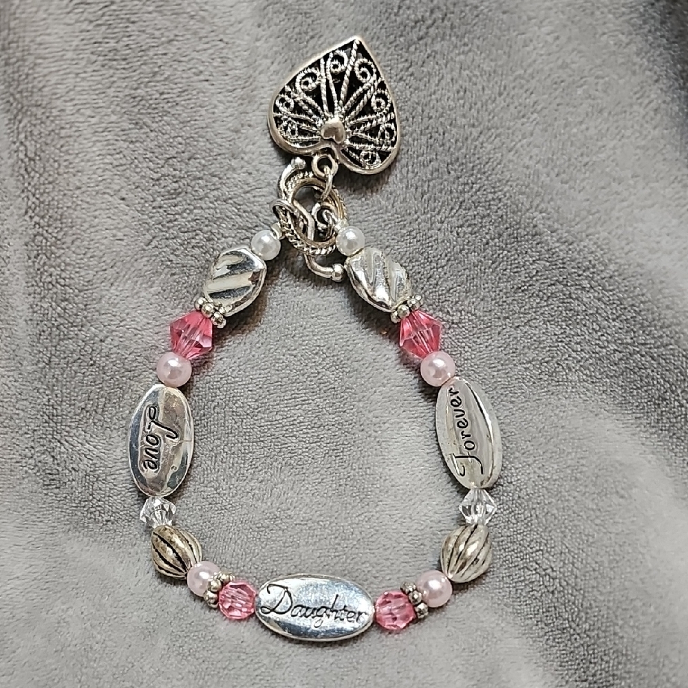 Love Daughter Forever Bracelet Pink And Silver With Pearescent Beads, Heart